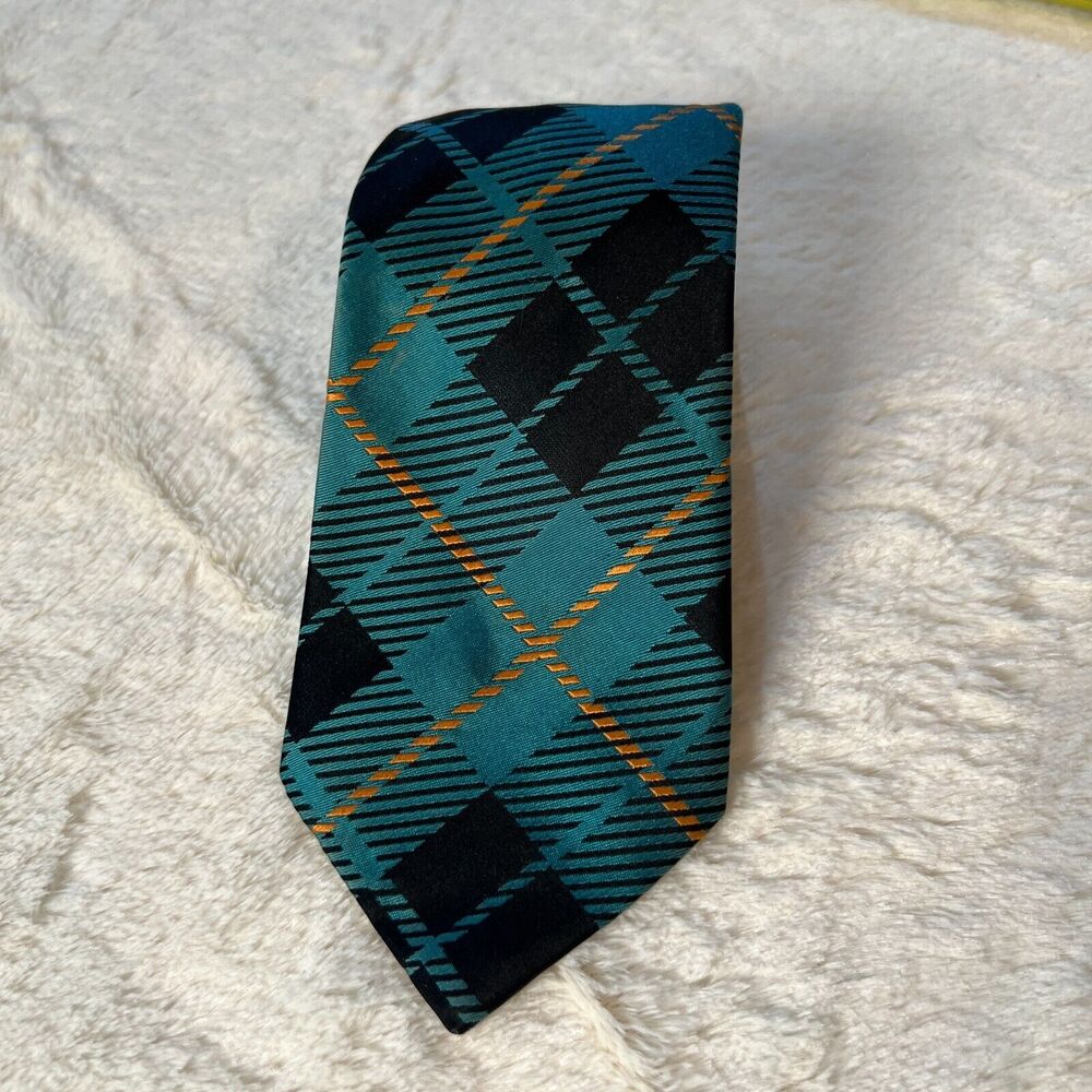 Kenneth Cole Reaction Men's Teal Orange Black Plaid Slim Silk Neck Tie 59 x 3.5